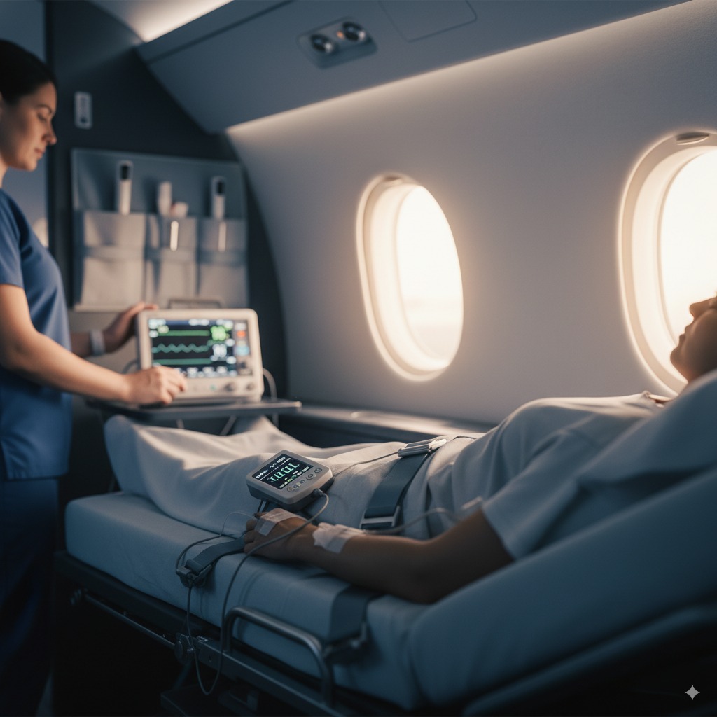 Flight crew preparing a bed-to-bed patient transfer for Acton, Massachusetts