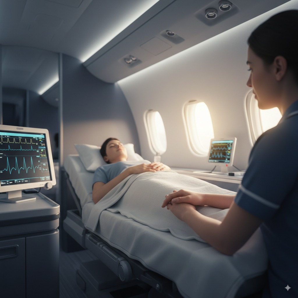 Flight crew preparing a bed-to-bed patient transfer for Bourne, Massachusetts